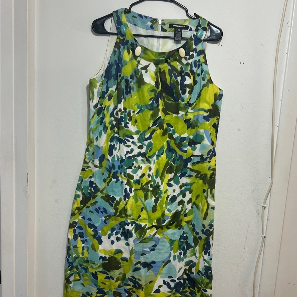 Ellen Tracy Green and Blue Patterned Midi Dress size 12